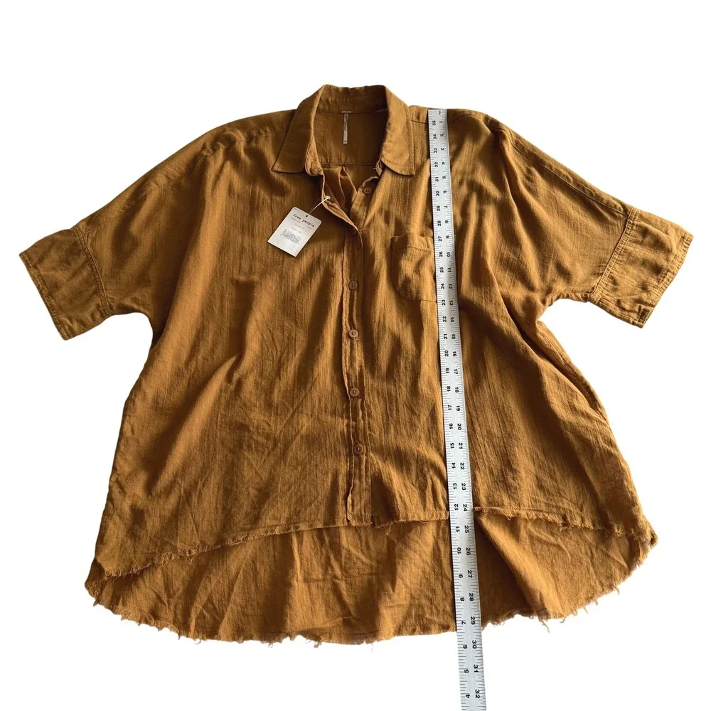 Free People NWT Best of Me Button Down Raw Hem High Low Oversize Bronze Shirt XS